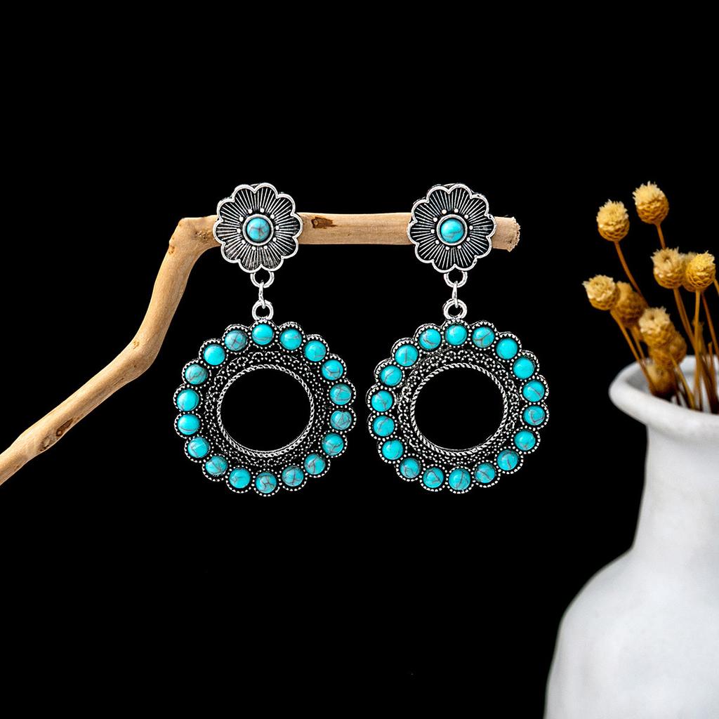 European and American Retro Ethnic Style Turquoise Earrings, Hollow Ring Flower Fringed Earrings, Owl Water Drop Earrings