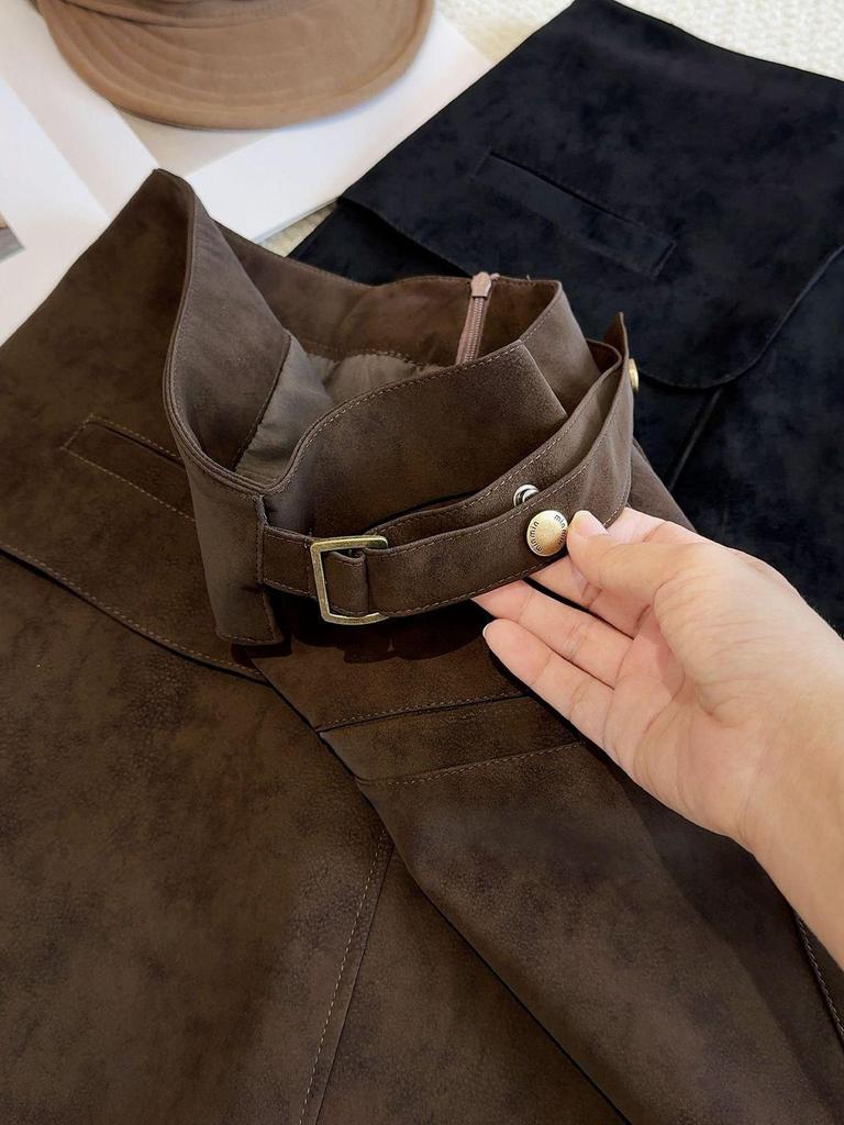 Европейская замшевая А-силуэта женская приталенная короткая юбка - Осенний универсальный стиль