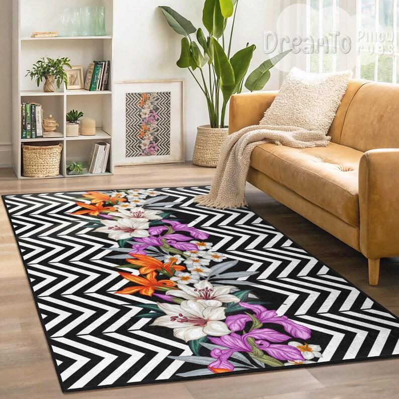 Black White Zigzag Floral Area Rug Purple Orange Lily Botanical Pattern Modern Chevron Decorative Runner Tropical Style Home