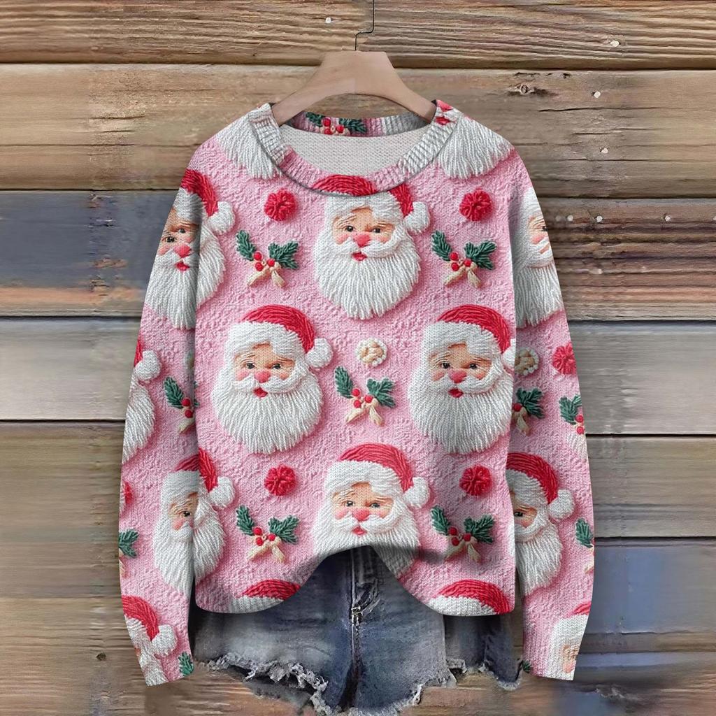 Long Sleeve Pullover Sweaters For Women O Neck Casual Cute Printing Knit Oversized Sweater