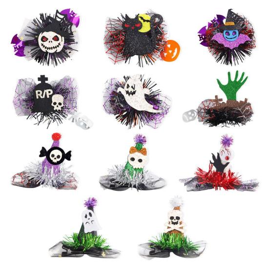 Yousheng 1 Pair Halloween Dog Barrettes Witch Hat Pet Hair Clip Felt Skull Gauze Cobweb Hair Accessories for Puppy Cats Festive Dress-up
