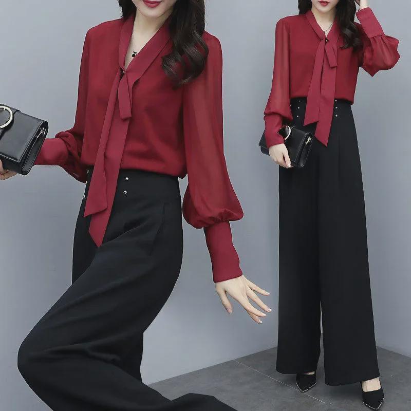 2025 Women's Fashion: Southeast Asia Two-Piece Set - Wide-Leg Pants & Loose Long-Sleeve Casual Suit Korean Style.