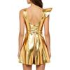 Women Disco Rave Dress Asymmetrical Metallic Shiny One Shoulder Fly Sleeve V Neck Backless A-line Mini Clubwear