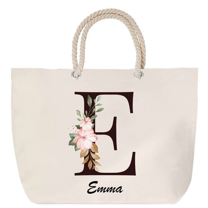 Sac de plage - PLANETEE - Emma - Anse corde - Motif Lettre Fleur - Grand format