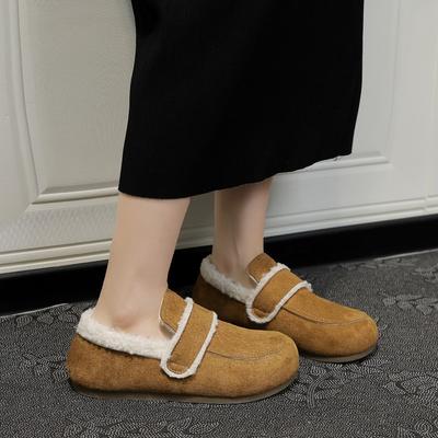 Осень и зима новые однопедальные ботинки-бини из овечьей шерсти, туфли на плоской подошве, бархатные теплые нескользящие хлопковые туфли