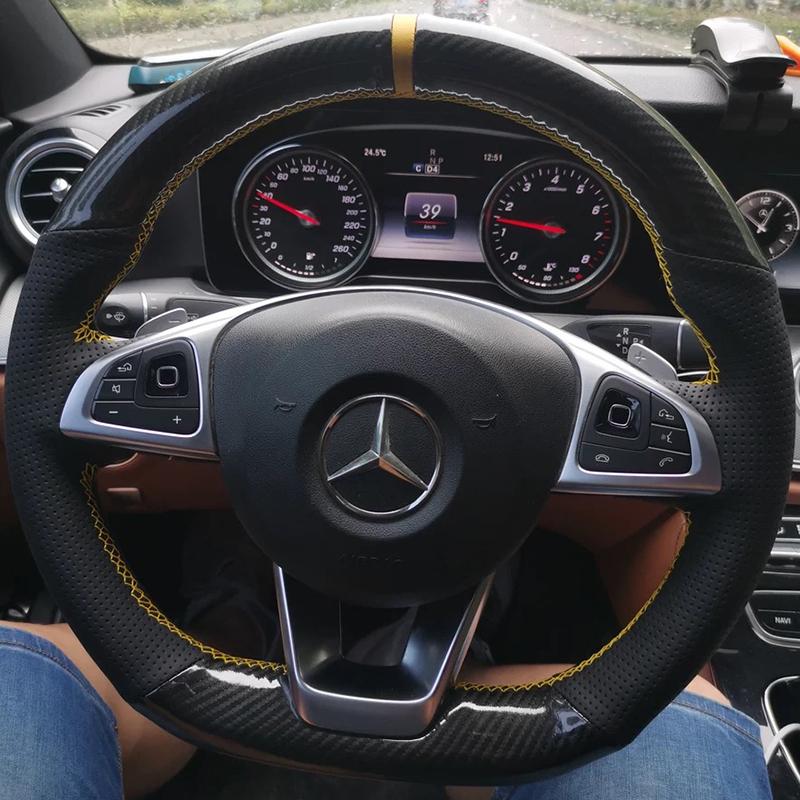 CQL1 For Mercedes Benz W176 W246 W205 C117 218 X218 C253 W213 W166 Hand-stitched black suede carbon fiber car steering wheel cover