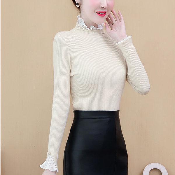 Водолазка с оборками, нижний свитер, женский весенне-осенний утягивающий пуловер из двух частей, свитер с кружевными оборками, вязаный свитер, топ