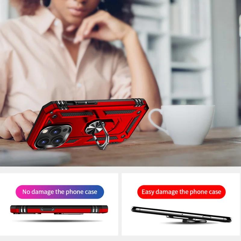 Shockproof Armor Bumper Case For iPhone 15 14 Plus 13 12 11 Pro XR XS Max X 7 8 6 SE Finger Holder Magnetic Metal Ring Cover