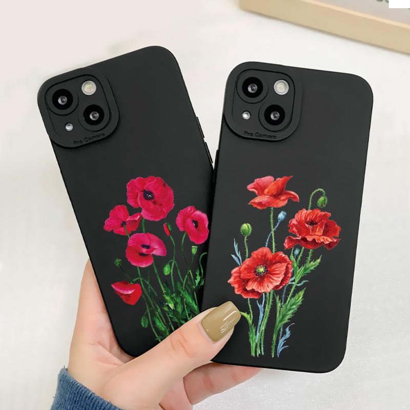 Чехол для телефона с цветком мака Черный цвет Для iPhone 7 8 Plus SE2 13 12 11 14 Pro Max X XR XS Мягкий силиконовый чехол Funda Shells