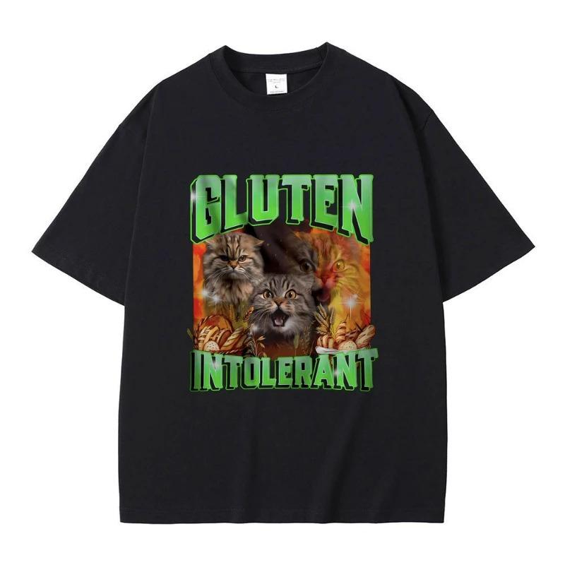 Gluten in Tolerant Cat Funny Meme Print T-shirt Male Fashion Oversized Streetwear Men Women Casual Cozy Pure Short Sleeve Y2K
