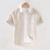Men's Summer Cotton Linen Pocket Cardigan Square Collar Short Sleeve Casual Shirt
