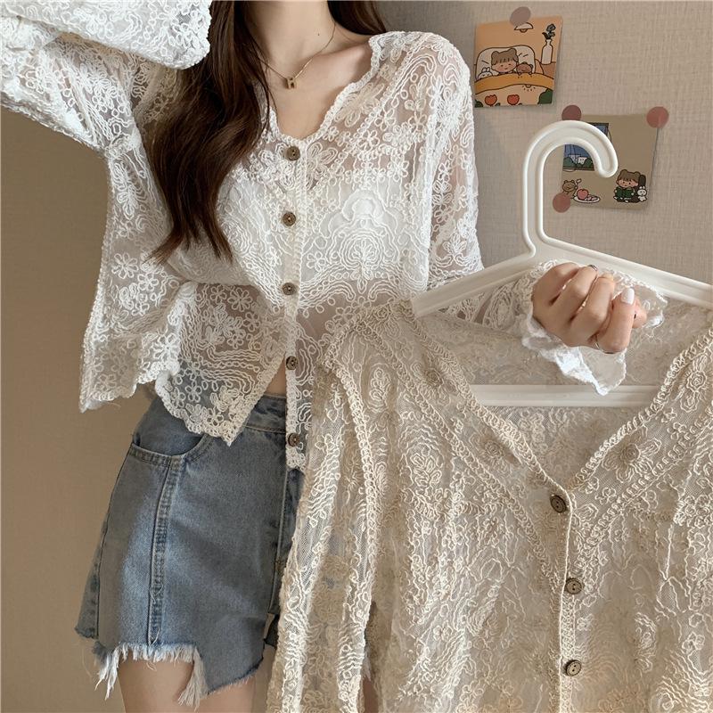 2026 Spring Women's Stylish Crochet Lace Long Sleeve Top