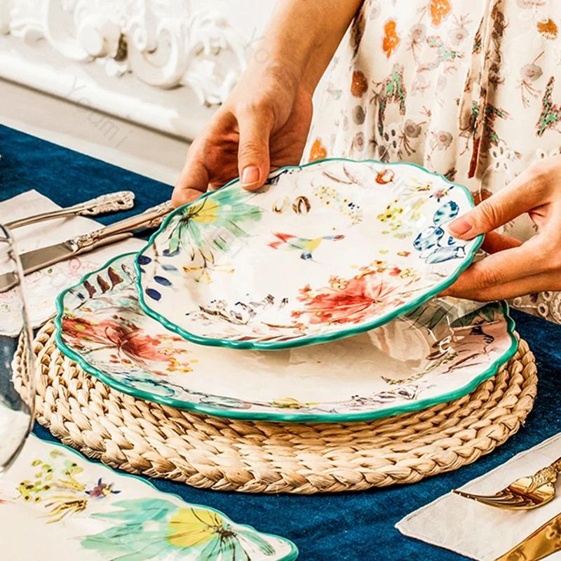 Винтажная керамическая тарелка во французском стиле, легкая, роскошная, элитная, ресторанная, салатная тарелка, домашняя, для послеобеденного чая, десерта, фруктов, плоская тарелка