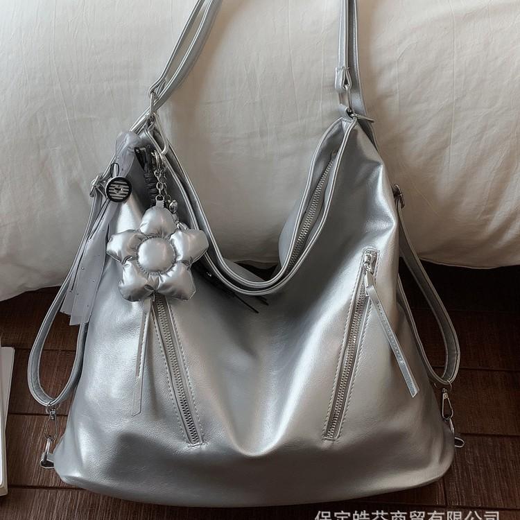 New Spring Senior Sense Silver Travel Backpack Women'S Commuter Shoulder Bag Large Capacity Messenger Bucket Bag