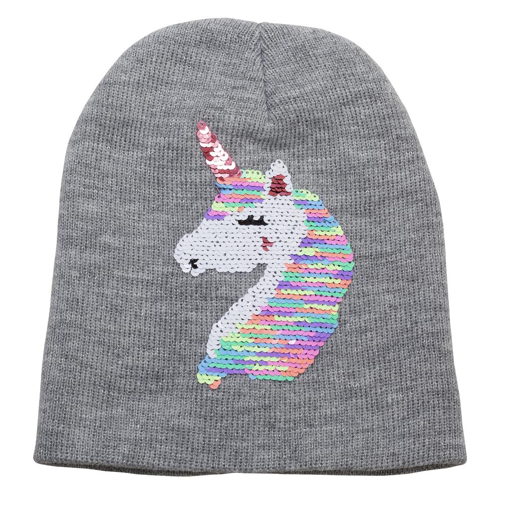 Childrens Girls Reversible Unicorn Sequins Beanie Hat