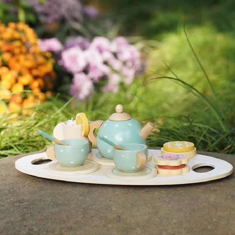 Children Play Tea Set With Wooden Cake And Pots For Creative Kitchen Pretend Games