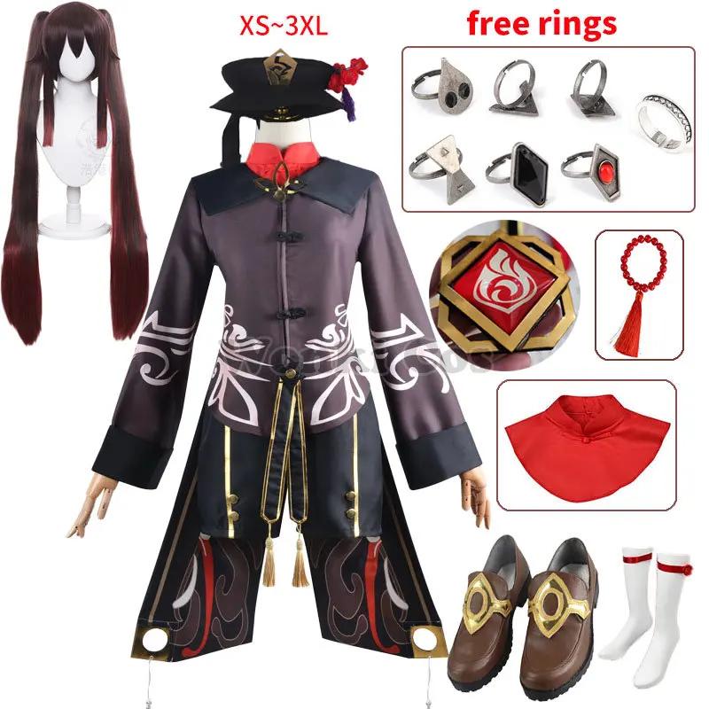 Game Impact Hutao Cosplay Costume Hu Tao Cosplay Wig With Hat Original Rings Double Ponytail Full Set