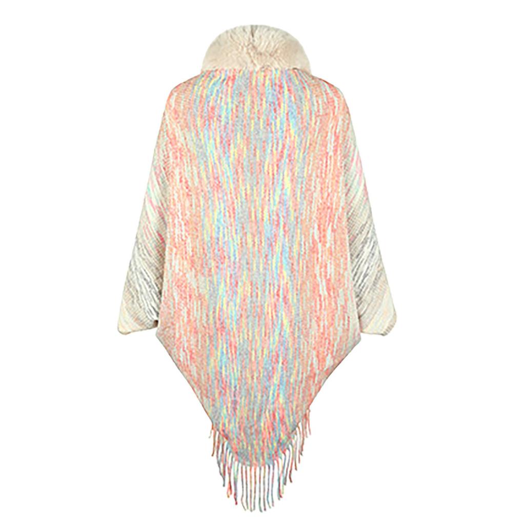 Женская Ретро Мода Теплая Полосатая Накидка с Кисточками, Воротник, Вязаная Шаль