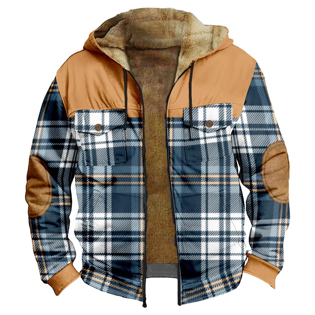 Men's Plaid Print Double Pocket Jacket Men's Spring And Autumn Casual Trend Zipper Hooded Jacket