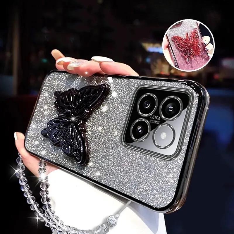 3D Держатель для телефона в виде бабочки, Хрустальный браслет, Чехол с блестящим покрытием для Xiaomi Mi 14 Ultra 13 12 11 Lite Pro, Задняя крышка