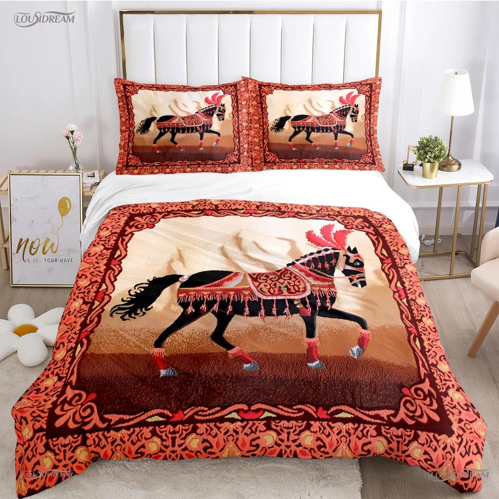 Fashion Ethnic Frame Horse Duvet Cover Comforter Bedding Set Soft Quilt Cover and Pillowcases for Teens Single/Double/Queen/King