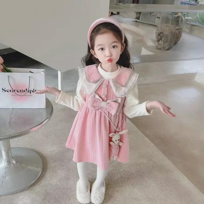 «Костюм для девочек в корейском стиле осень/зима 2024 г.: Удобная рубашка с длинным рукавом и юбка-жилет платье