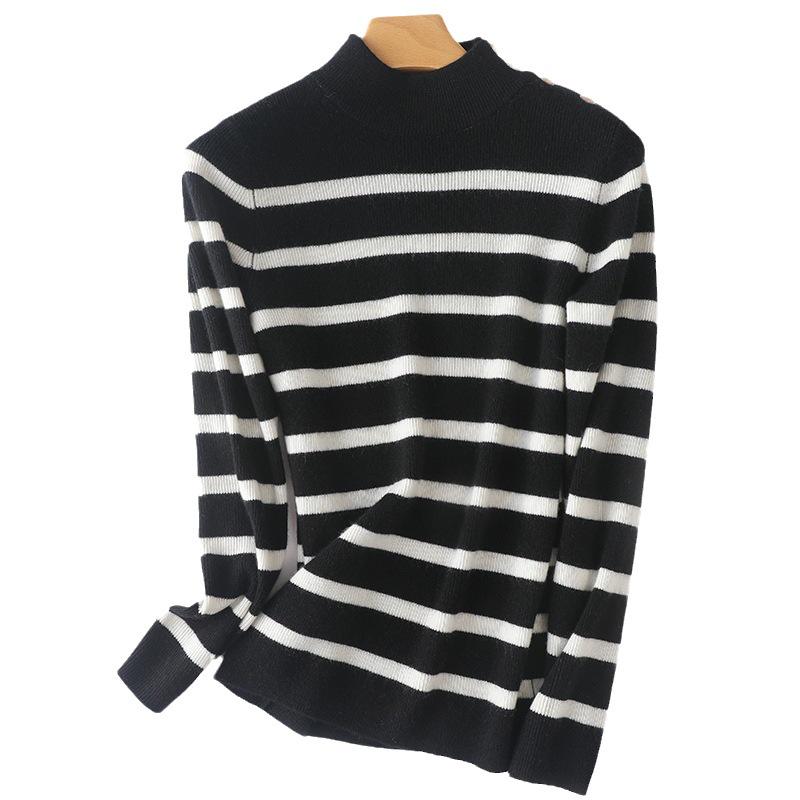 Autumn 2023 Striped Cashmere Knit Sweater - Women's Stylish Base Layer