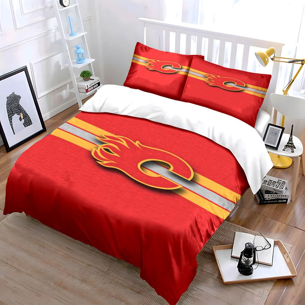 Red Flaming "C" with Yellow Stripes Design Print Bedding Set Duvet Cover Pillowcases (1* Duvet Cover 2* Pillowcases Do Not Include Comforter)