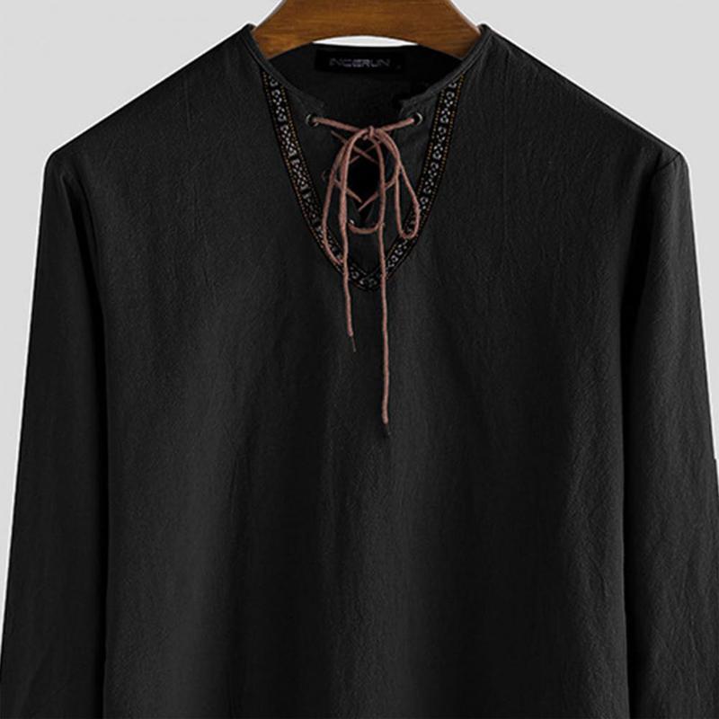 Vintage Thin Long Sleeve Tops Medieval Viking Knight Front Lace Up Shirts Pirate Cosplay Costume Tunic Halloween Carnival Shirts