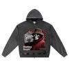 DTG Print Knitted Denim Zip-Up Hoodie Grim Reaper Graphic Brother Print Zipper Hoodies  