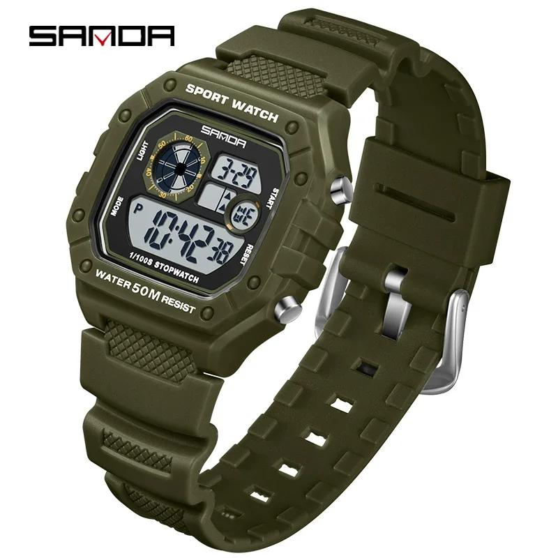 SANDA New Men Watch Model 2202 Electronic Digital Movement Rectangle Display Dial Outdoor Sports Watertight Male Wrist Watch