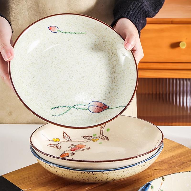 Современный стиль, расписанная вручную керамическая тарелка, креативные круглые тарелки для фруктового салата, домашняя тарелка для десерта к чаю в стиле ретро