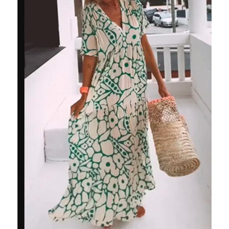 Summer New Women's Printed Short Sleeve V-neck Long Dress