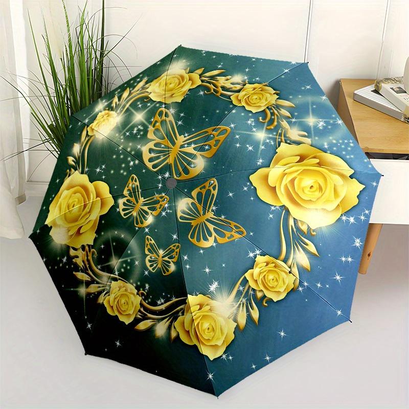 1pc Butterfly Roses Umbrella - Portable Folding Umbrella with Durable Iron Frame, 8 Ribs, Automatic Open, High-Quality Design