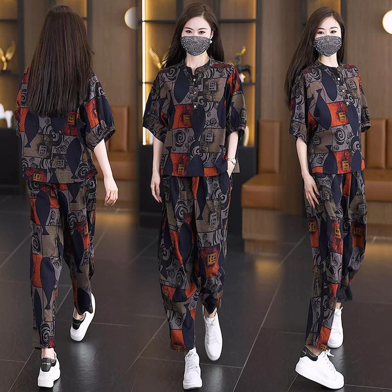 Летний женский модный костюм больших размеров, женский повседневный костюм-двойка с короткими рукавами и принтом, шаровары