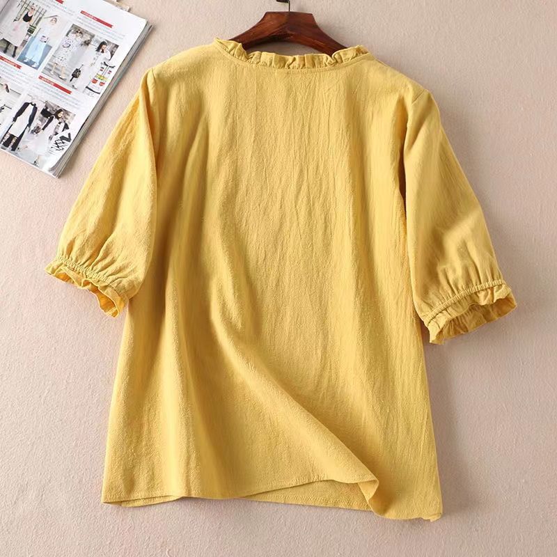 Spring Summer Women's Literary Embroidery Ruffled Lantern Sleeve T-shirt Loose Thin Section Seven-minute Sleeve Round Neck