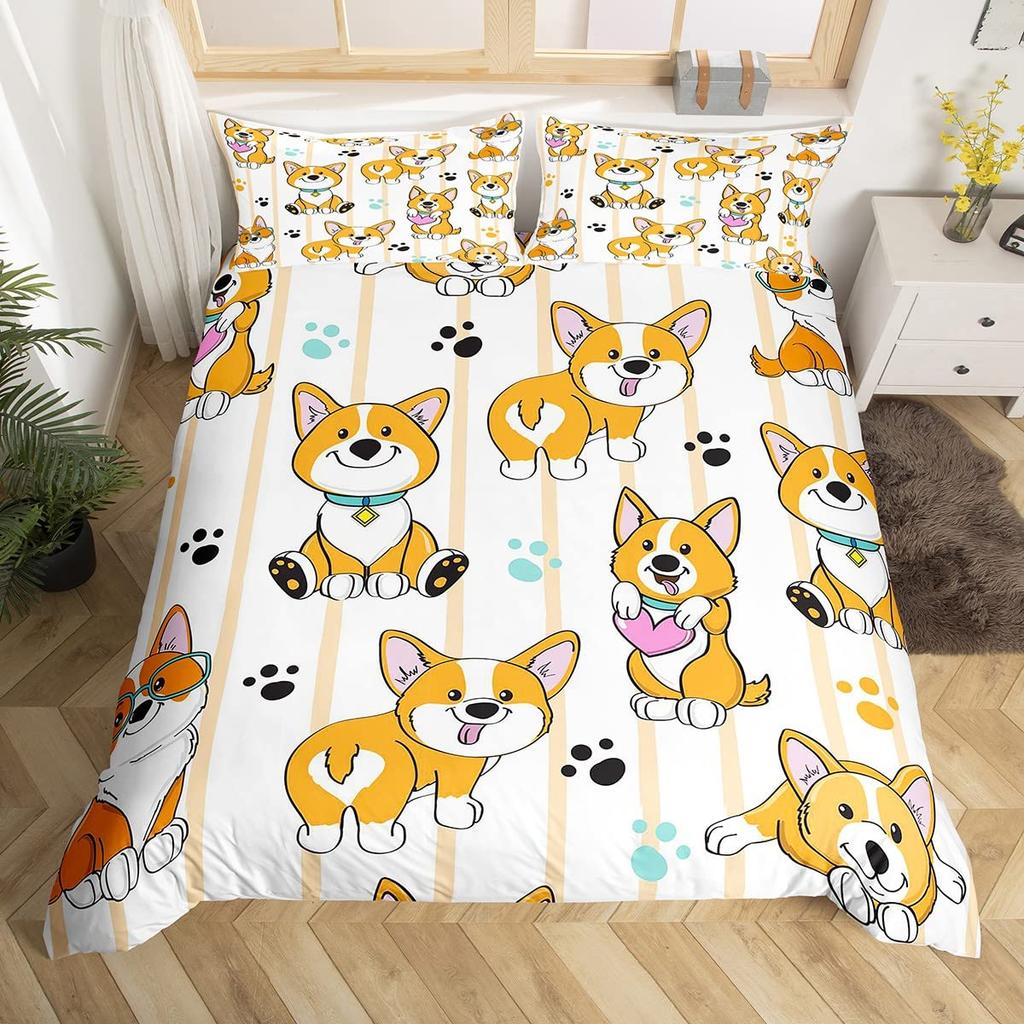 Комплект пододеяльника для щенка мопса, корги, сиба-ину, чехол для одеяла с собакой, постельное белье I Love Dogs, комплекты постельного белья с кавайными животными, мультяшные покрывала, полный размер