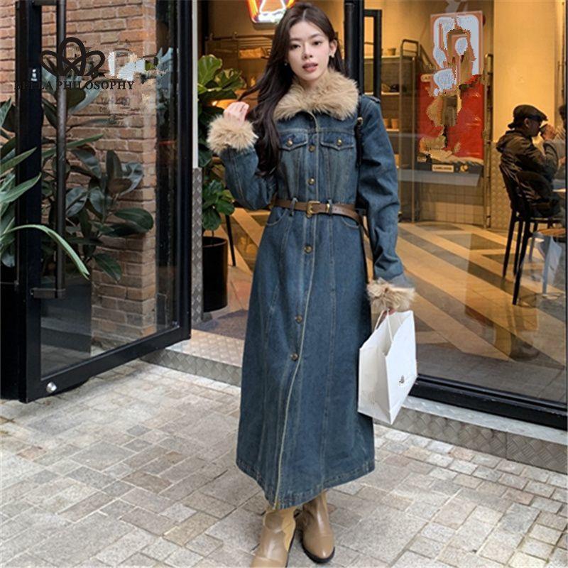 Зимнее новое платье из утолщенного хлопкового денима с воротником-стойкой, женское длинное повседневное пальто в стиле ретро