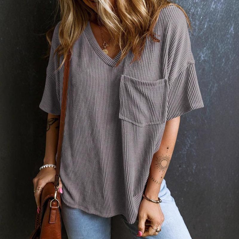 Плюс Размер Женский Летний Новый Повседневный Однотонный Пуловер С V-образным Вырезом Топ с Коротким Рукавом