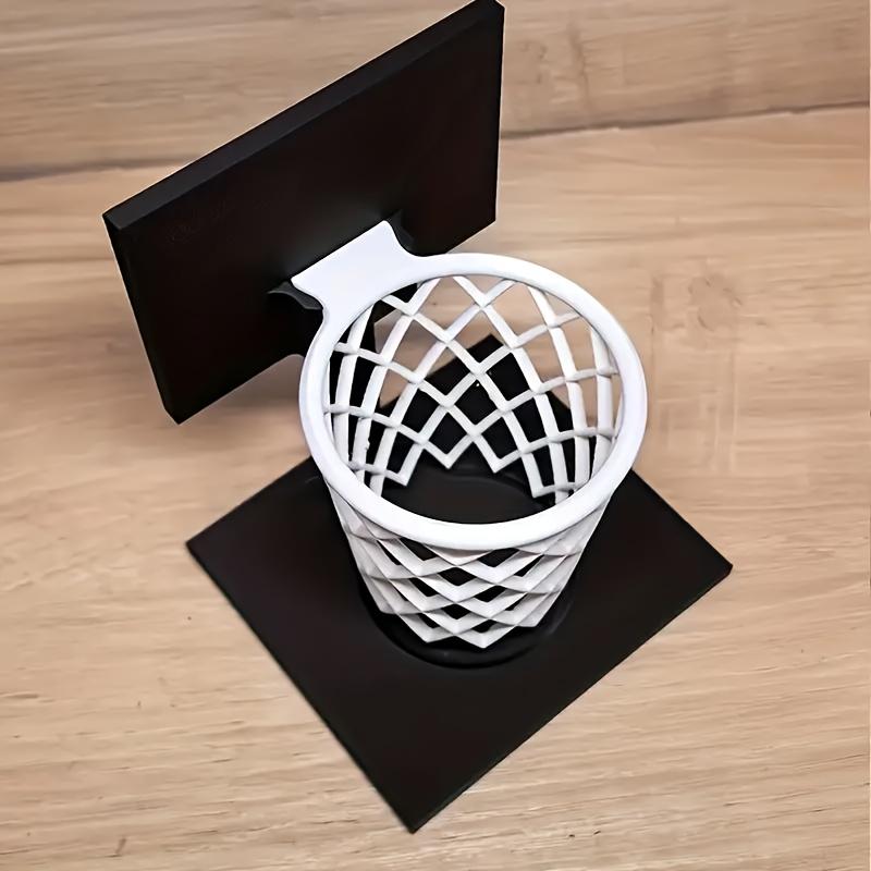 3D Printed Basketball Hoop Pen Holder-Creative Desktop Organizer with Black Base and White Mesh Design,Space-Saving