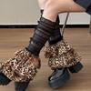 Women Japanese See Through Mesh Ruched Leg Cover Vintage Leopard Print Tiered Ruffle Flared Leg Warmer Sleeve Long Socks