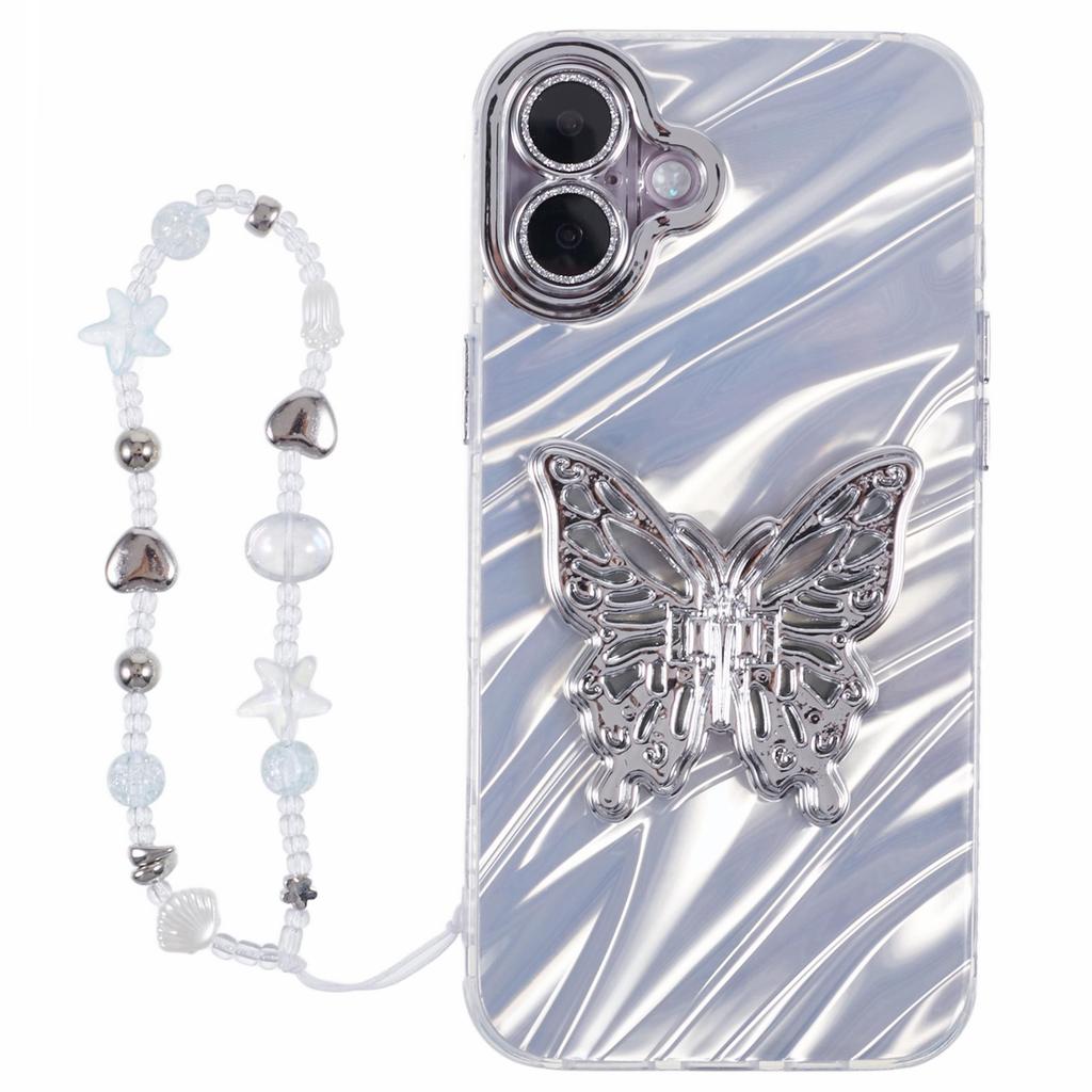 For iPhone 16 Case Butterfly Kickstand PC+TPU IMD Phone Cover with Lens Film / Beaded Strap - Feather Pattern / Pink