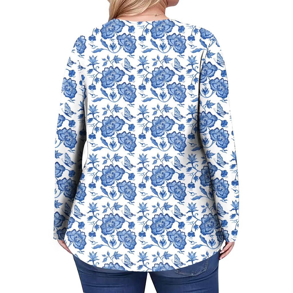 Women's Plus Size Fashion Printed Casual Pleated Round Neck Long Sleeve Top
