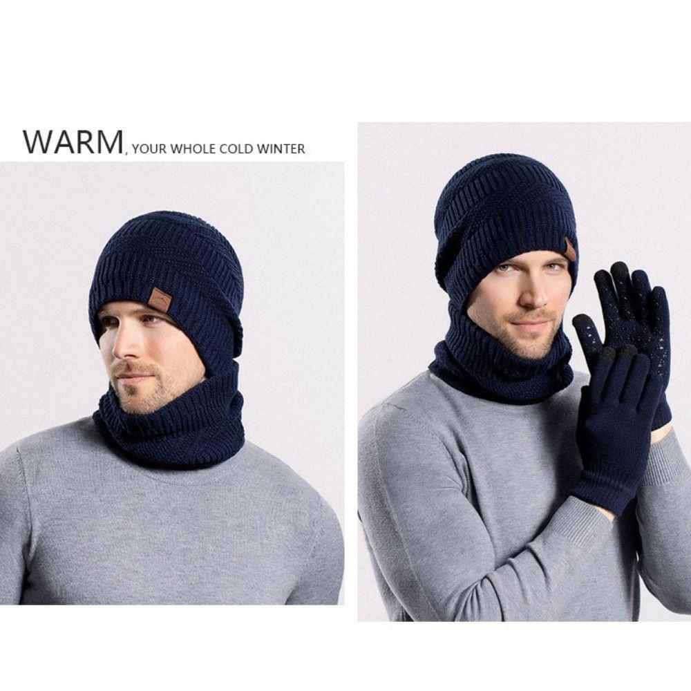 3pcs Wool Hat Scarf Gloves Set Warm Winter Beanie Hat Simple Thermal Knit Cap Skiing