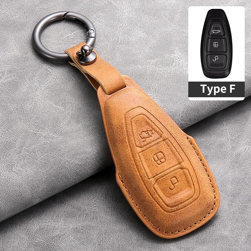 Leather Car Remote Key Case Cover for Ford Focus 3 4 ST Mondeo MK3 MK4 Fiesta Fusion Kuga Ecosport Protect Key Fob Keychain