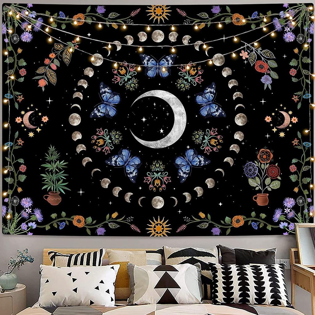 Moon Phase Tapestry Wall Hanging Butterfly Flower Boho Floral Plant Botanical Tapestries Window Vintage Carpets For Living Room