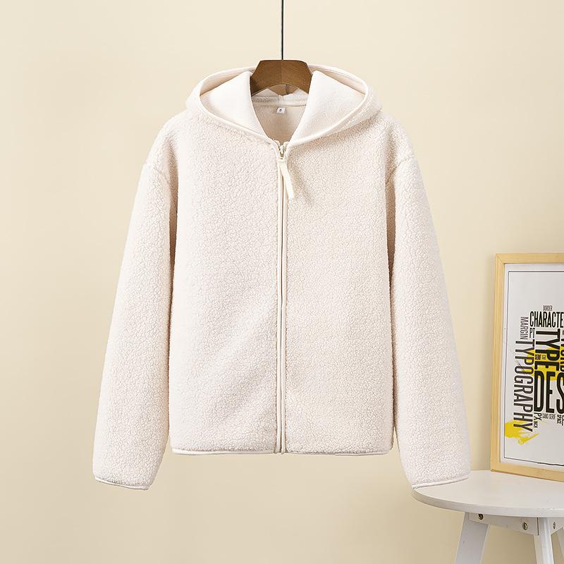 Fashion Short Jacket Women Lambswool Outerwear Thicken Warm Loose Polar Fleece Hooded Zipper Long Sleeve Coat Autumn Winter