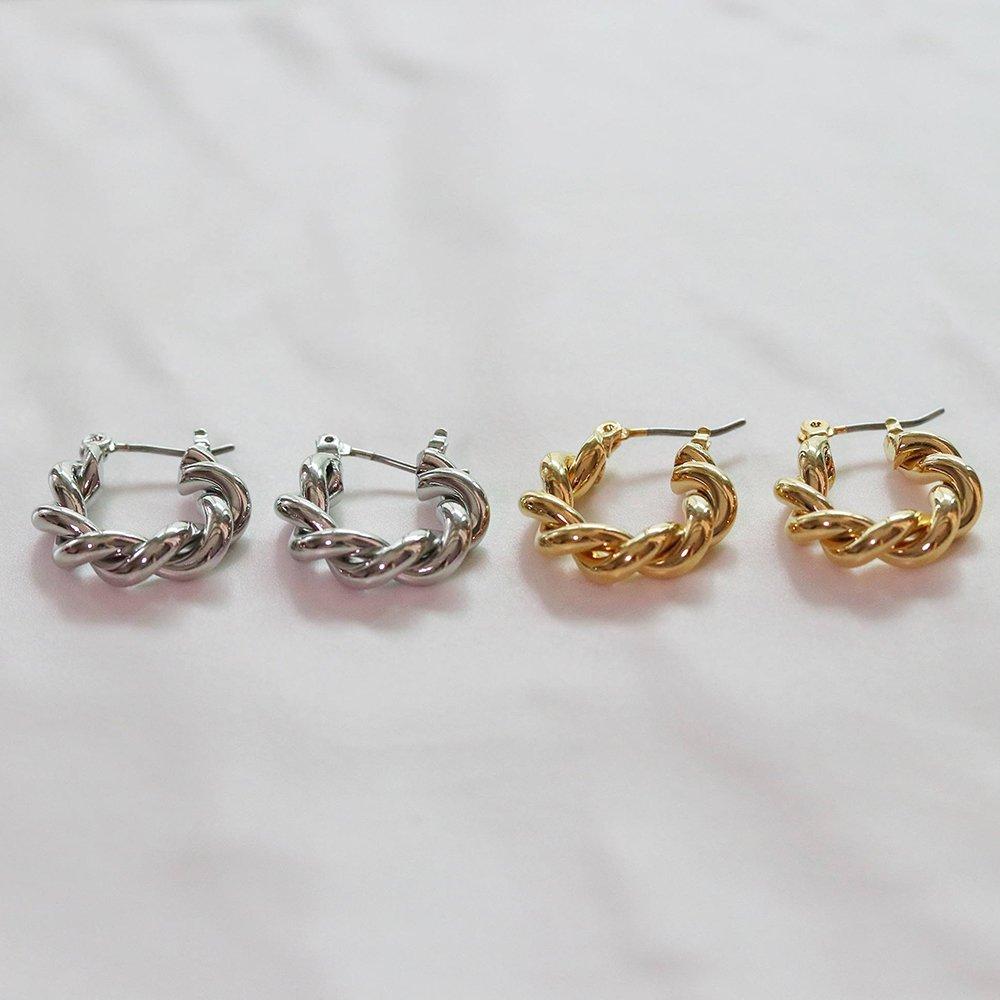 Zz43 Gold Silver Twist Volume One-Touch Hoop Earrings