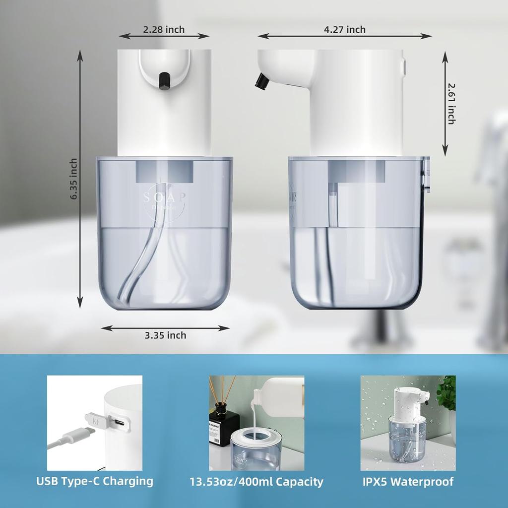 400ML Countertop or Wall Mounted USB Rechargeable 4-Levels Adjustable Electric Infrared Automatic Smart Sensor Soap Dispenser