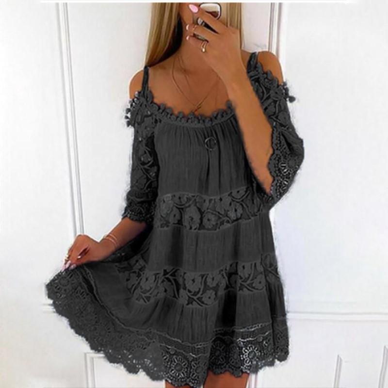 Embroidery Crochet Lace Cold Shoulder Mini Dress Women Scoop Neck Half Sleeves Mid-Rise Loose Fit Summer Dress Lady Beach Dress
